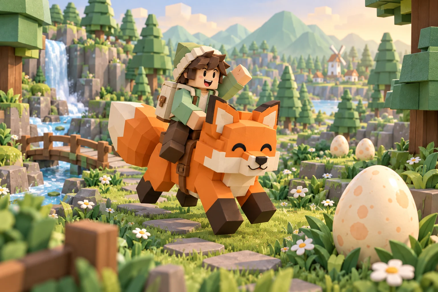 Original fan illustration of an adventurer riding an orange fox through a forest filled with eggs